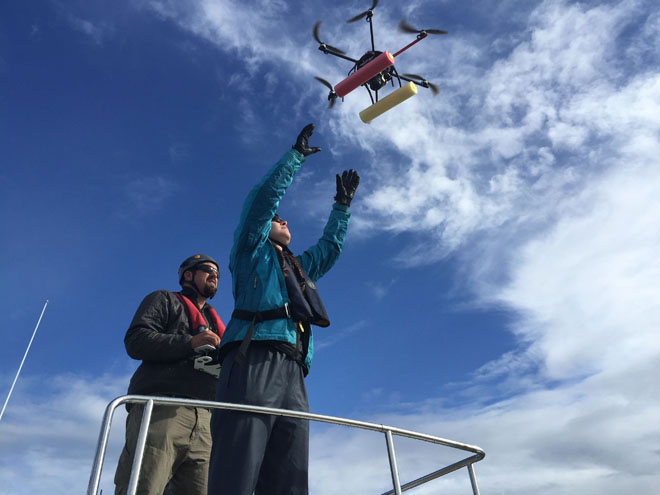 Holly Fearnbach catches Mobley on return to the research vessel.
