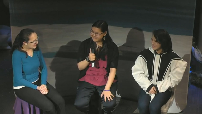 Interpreter Keely Langford interviews Arctic youth Mia and Coral.